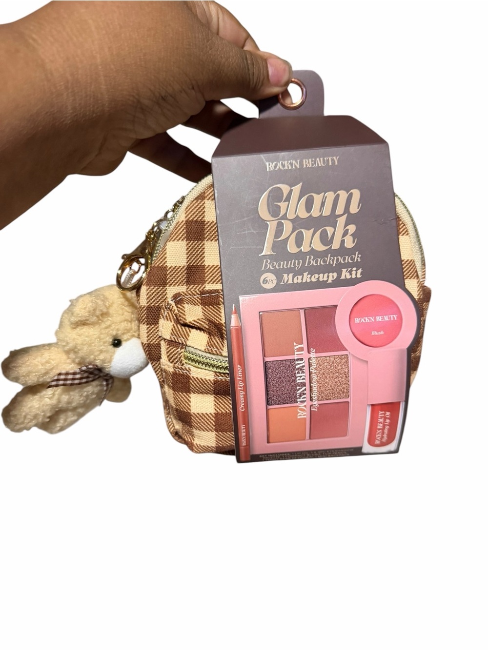 6pcs Glam Pack Beauty Backpack Makeup Kit - Brown Plaid backpack